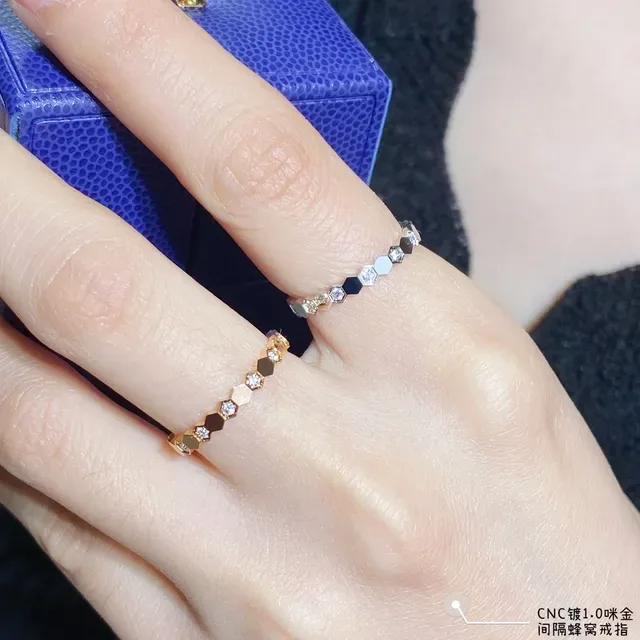 Gold Silver Hexagonal Link Pavé-Set Stones Ring 8