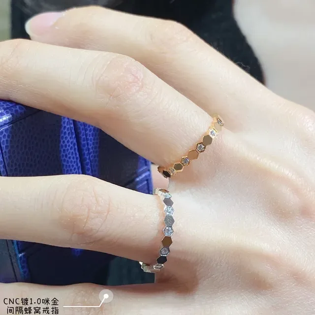 Gold Silver Hexagonal Link Pavé-Set Stones Ring 9
