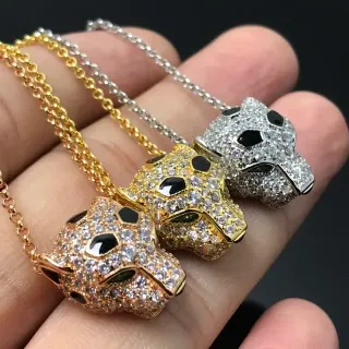 Gold Silver Panther-Head Pendant Pave-Set Crystals Necklace