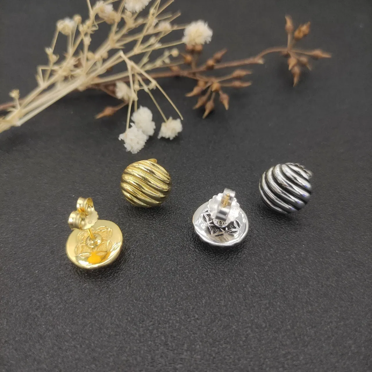 Gold Silver Ribbed Spherical Stud Earrings 8
