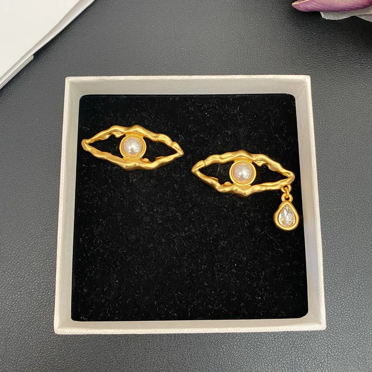Gold-Tone Asymmetrical Pearl and Crystal Earrings 5