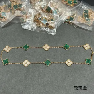 Gold-Tone Clover Malachite and Pavé Stone Chain Necklace
