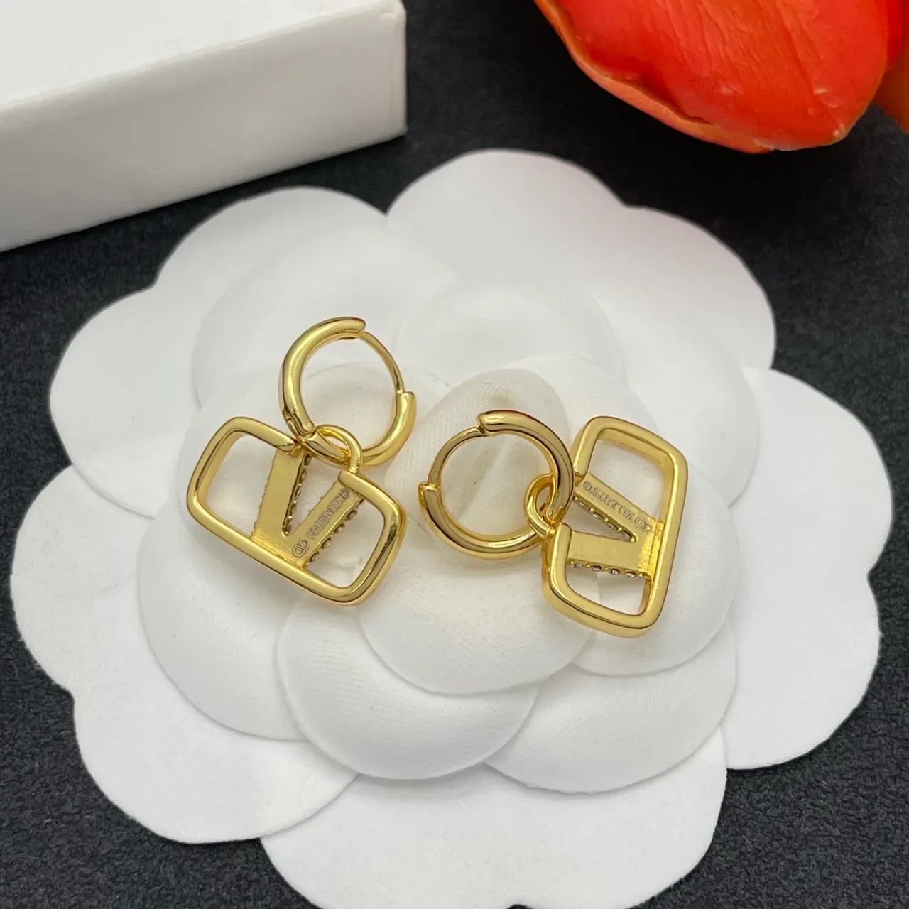 Gold-Tone Crystal Rectangular Pendant Hinged Hoop Earrings 3