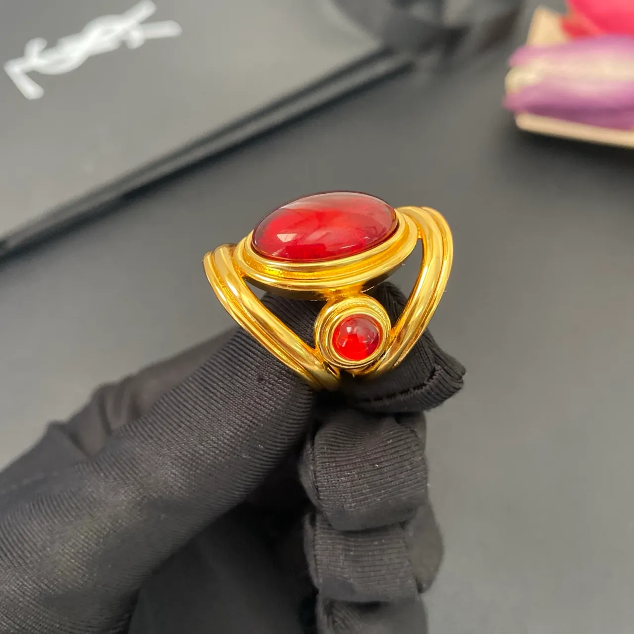 Gold-Tone Dual Red Cabochon Wrap Ring 5