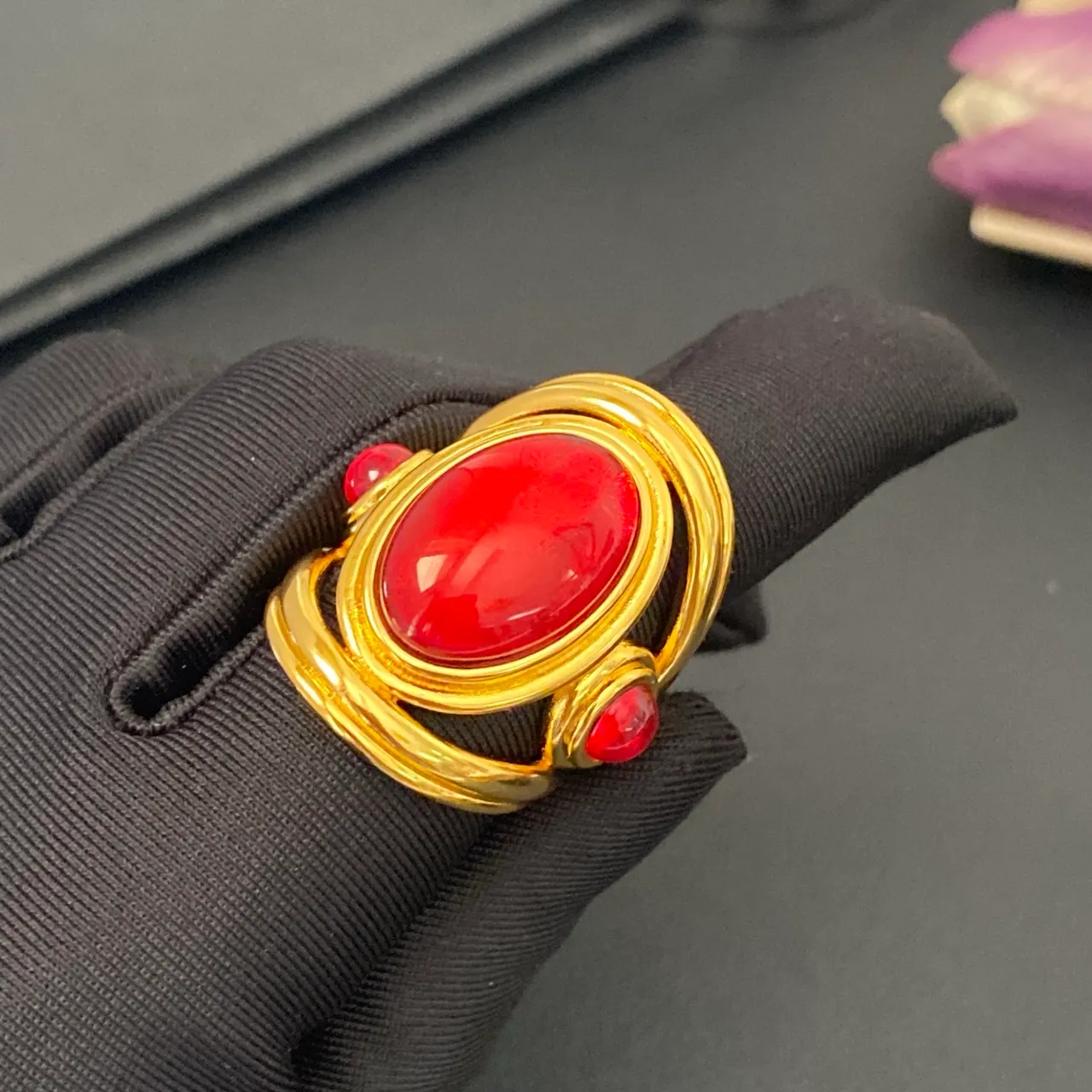 Gold-Tone Dual Red Cabochon Wrap Ring 6