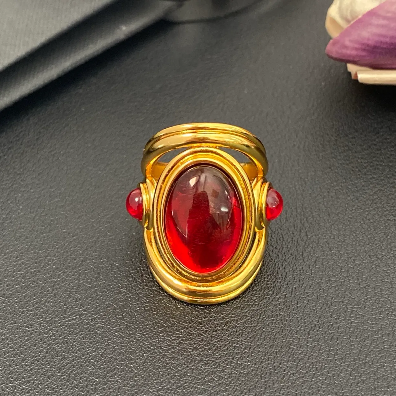 Gold-Tone Dual Red Cabochon Wrap Ring 7