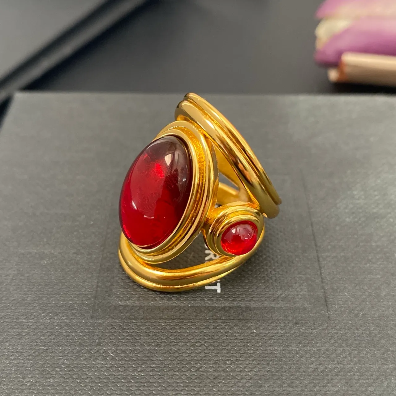 Gold-Tone Dual Red Cabochon Wrap Ring 8