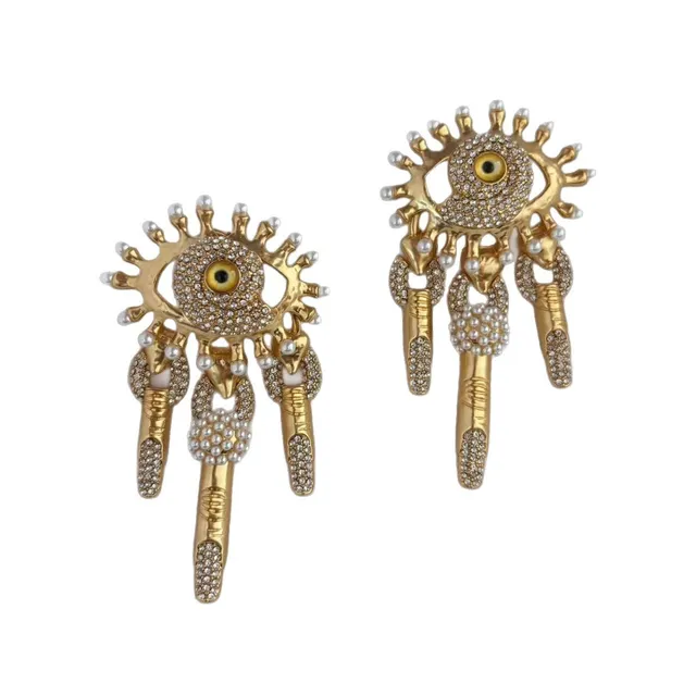 Boucles d'oreilles pendantes en ton doré ornées de perles et au mauvais œil 3