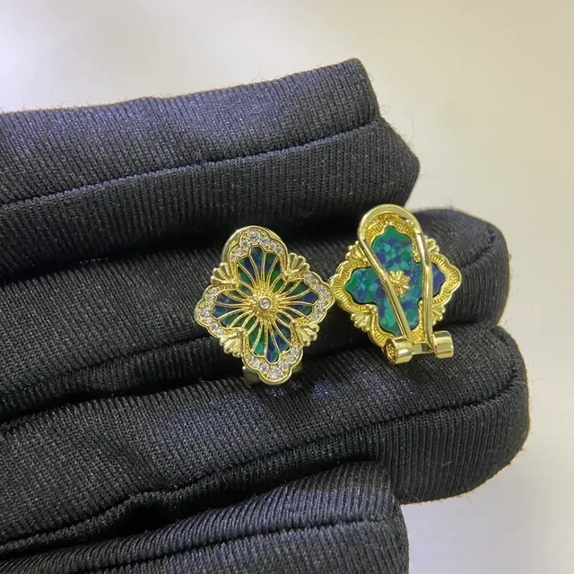 Gold-Tone Floral Filigree Enamel and Crystal Clip-On Earrings 2