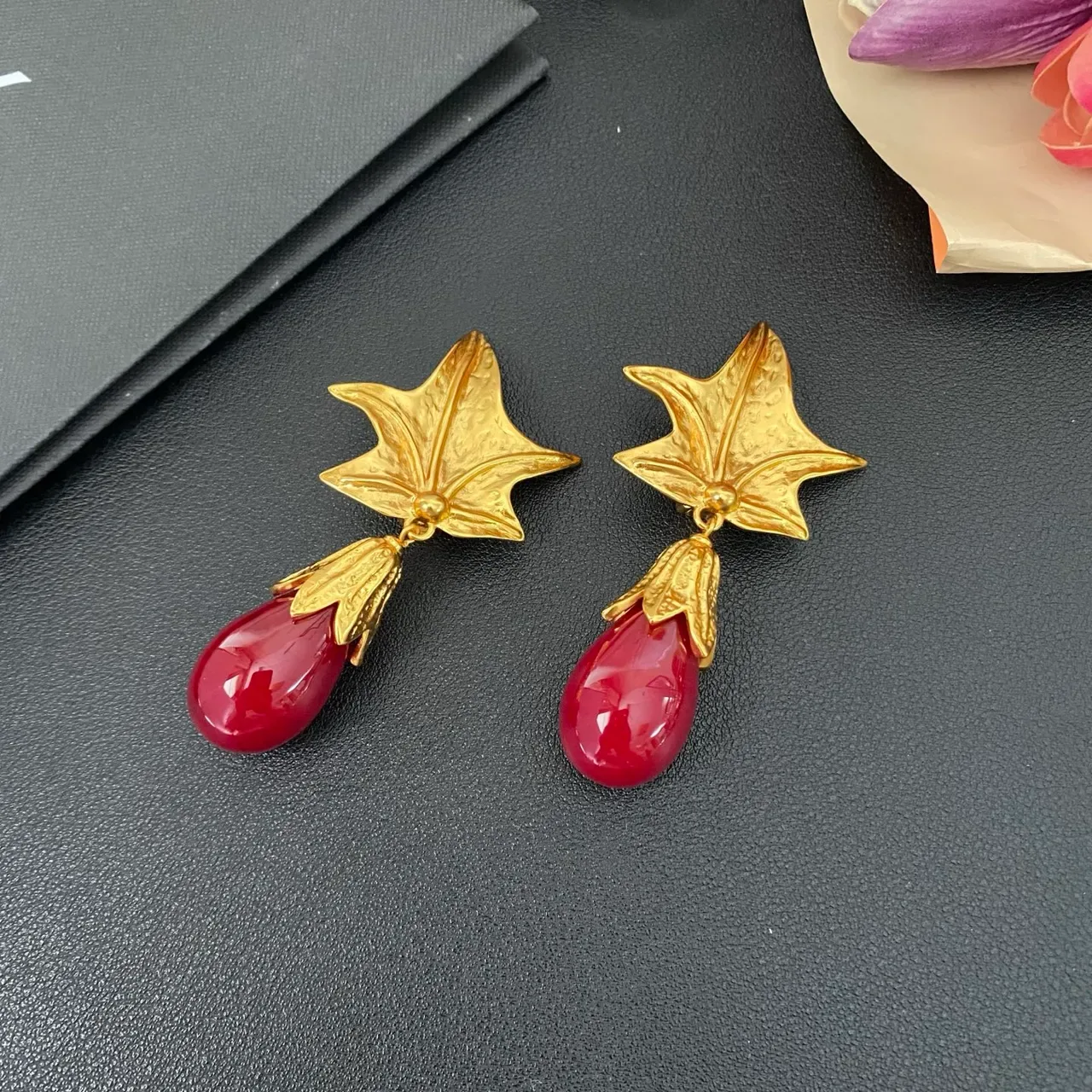 Gold-Tone Leaf Top Red Teardrop Stone Dangle Earrings 8