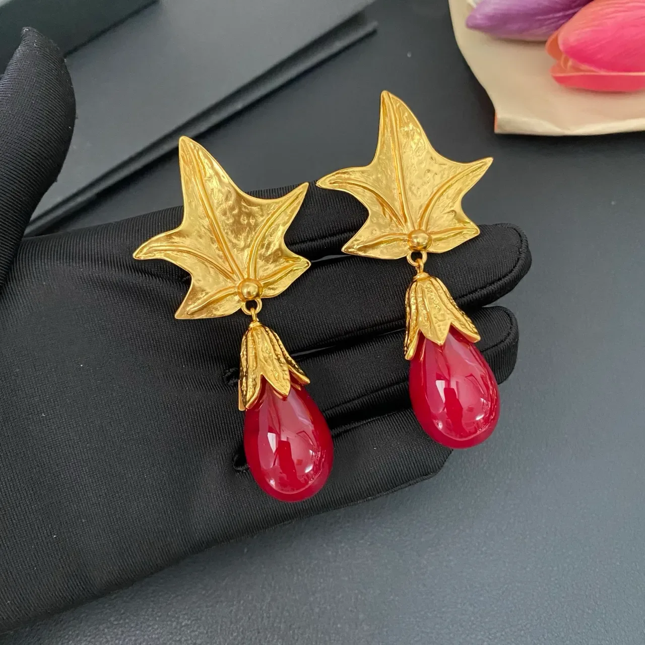Gold-Tone Leaf Top Red Teardrop Stone Dangle Earrings 9