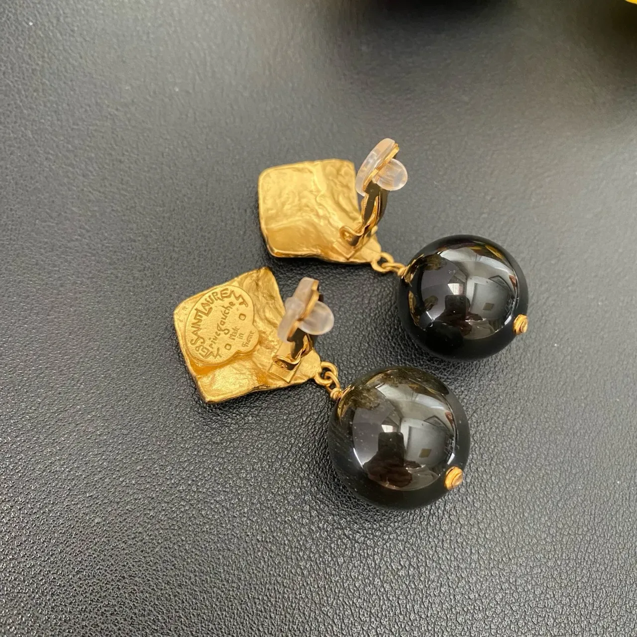 Gold-Tone Textured Top Black Sphere Drop Earrings 2