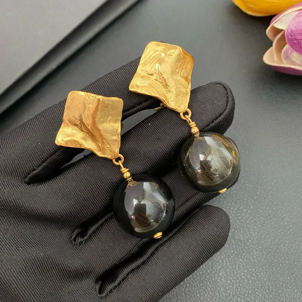 Gold-Tone Textured Top Black Sphere Drop Earrings 4