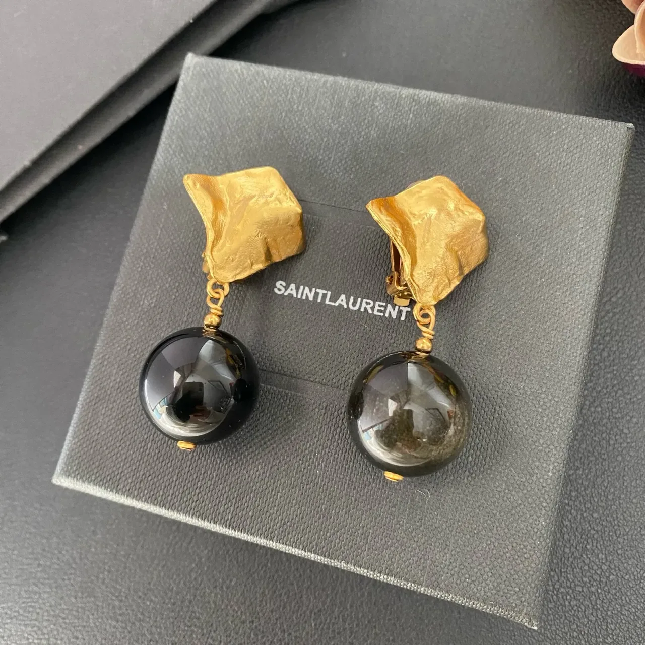 Gold-Tone Textured Top Black Sphere Drop Earrings 5