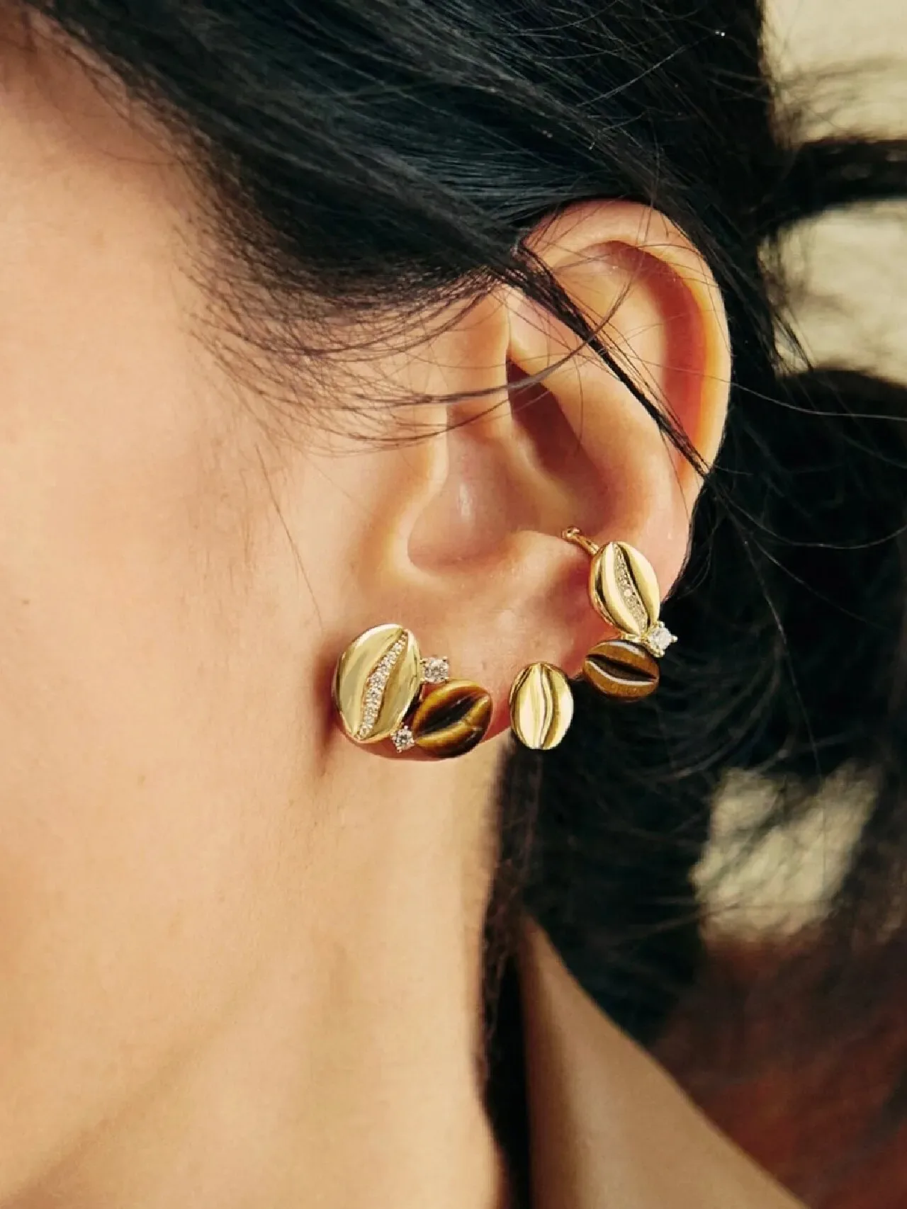 Gold-Tone Tiger's Eye and Pavé Stud Earrings 2