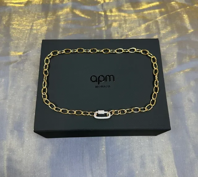 Gold White Oval Link Chain Pavé-Set Rectangular Clasp Necklace 5