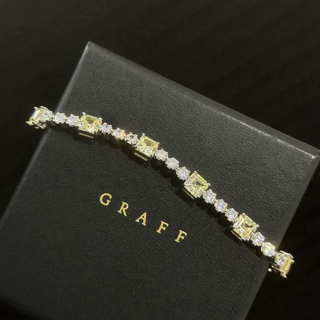 Graff Silver Yellow Tennis-Style Alternating Square And Round Stones Bracelet 5