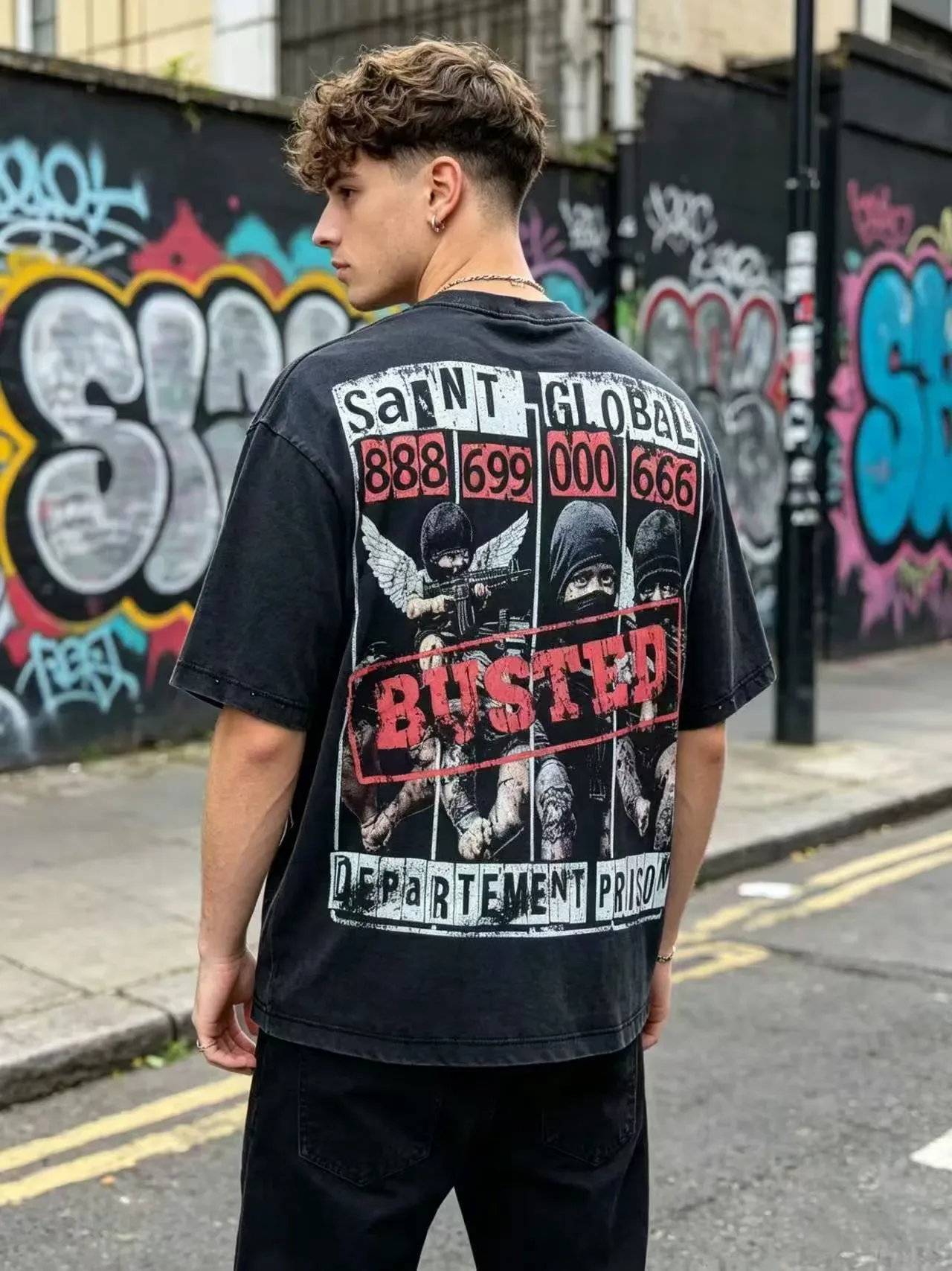 Graphic Print Studded Shoulder Oversized T-Shirt 10