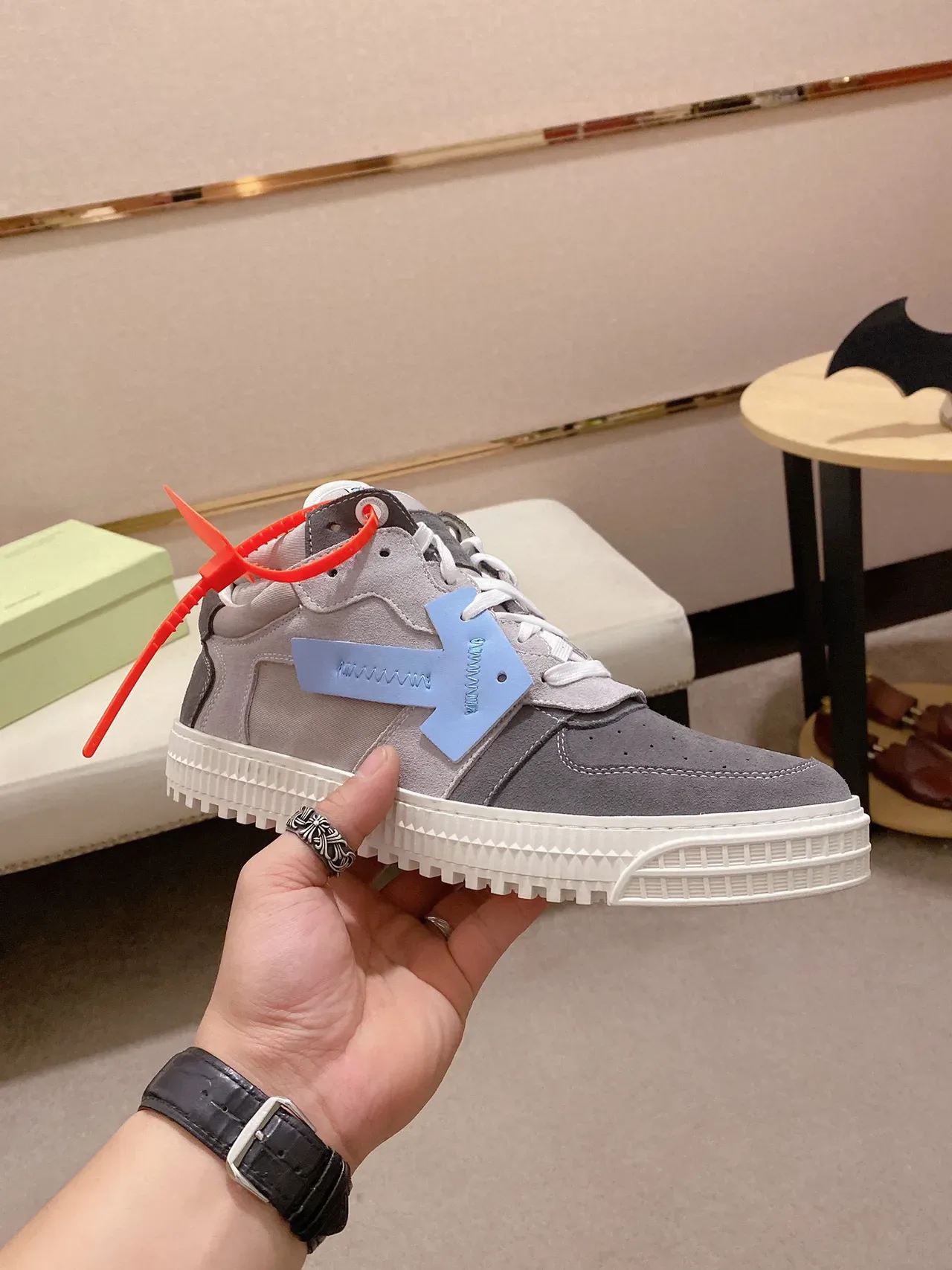 Gray and Blue High-Top Mixed-Material Sneaker 7