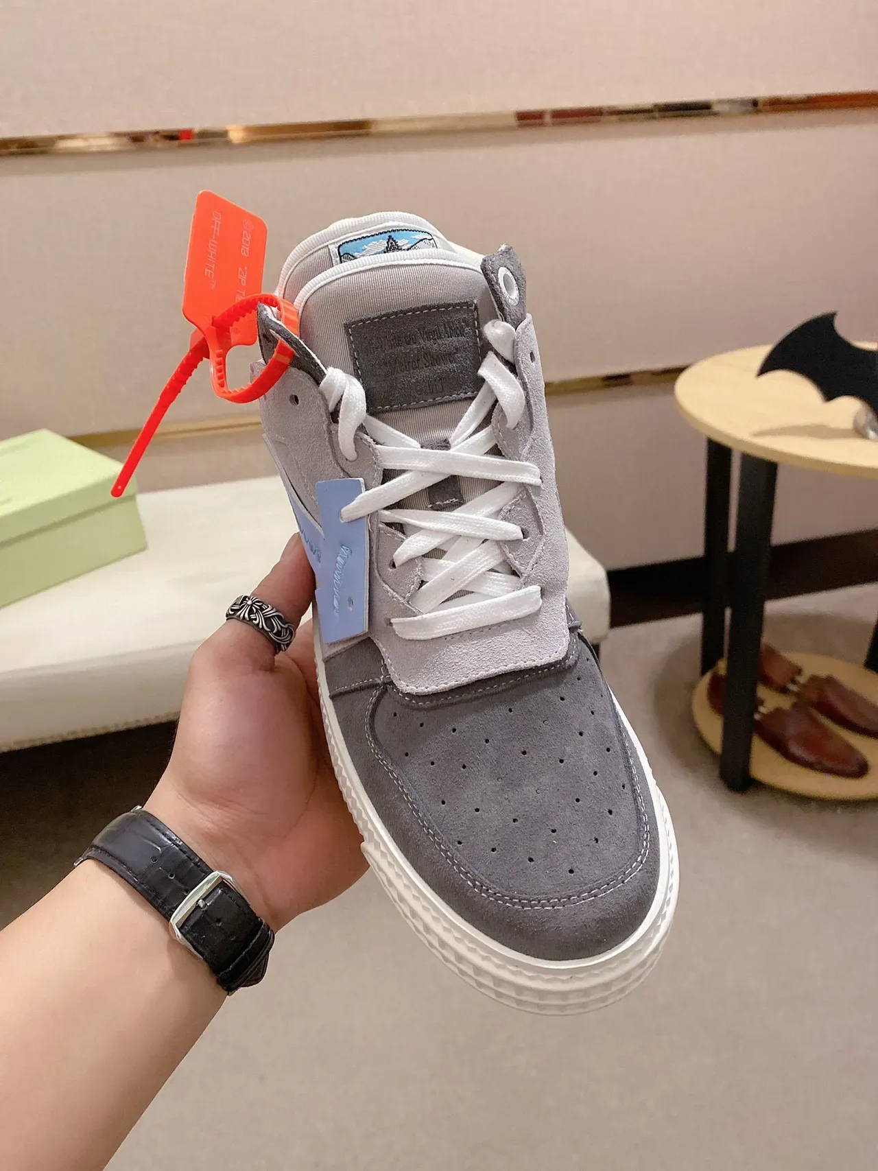 Gray and Blue High-Top Mixed-Material Sneaker 9