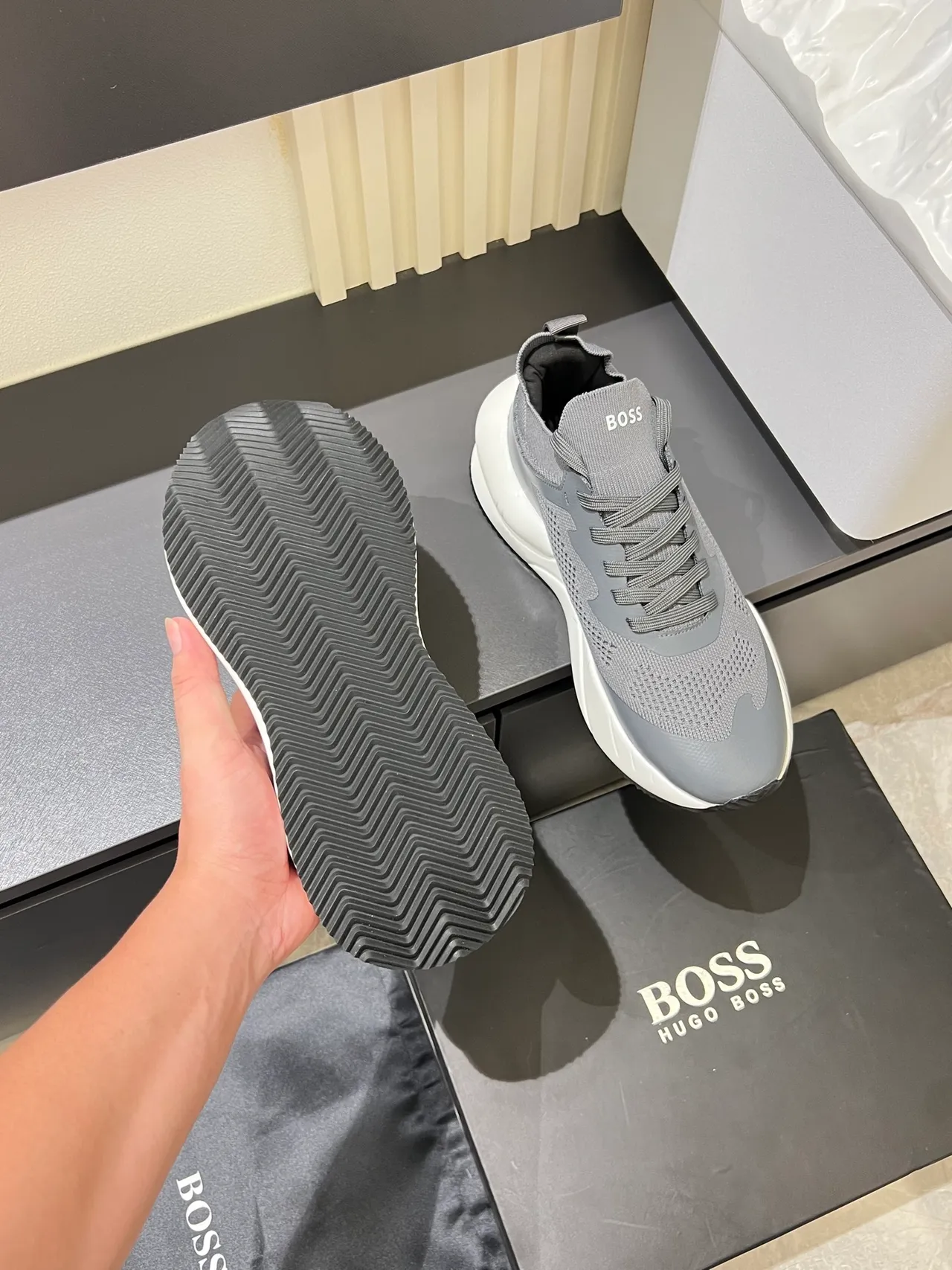 Gray White Knit Mesh Upper Perforated Panel Detailing Chunky Sneakers 3