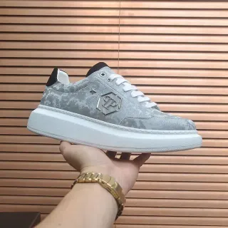Gray White Marbled Suede-Like Upper Platform Sole Sneakers