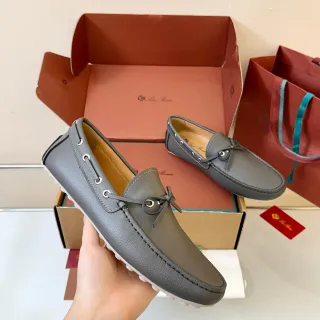 Gray White Pebbled Leather Moc-Toe Stitching Boat Shoes
