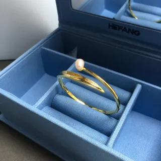 HEFANG Asymmetrical Pearl Accent Gold-Tone Open Cuff Bracelet