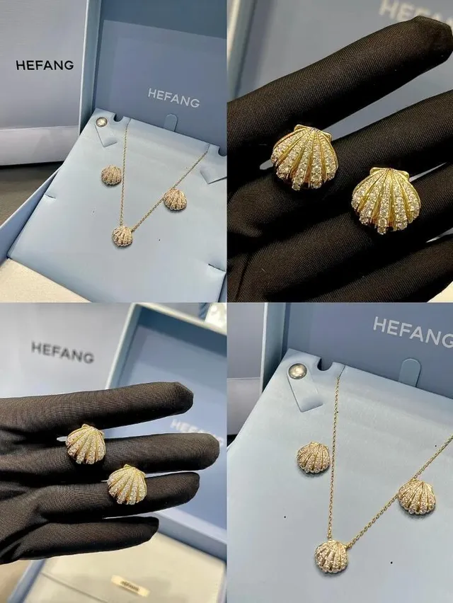 HEFANG Gold Silver Shell-Shaped Pendant Pavé-Set Stones Necklace 2