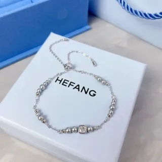 HEFANG سلسلة فضية خرز اللؤلؤ بلور مربع سوار