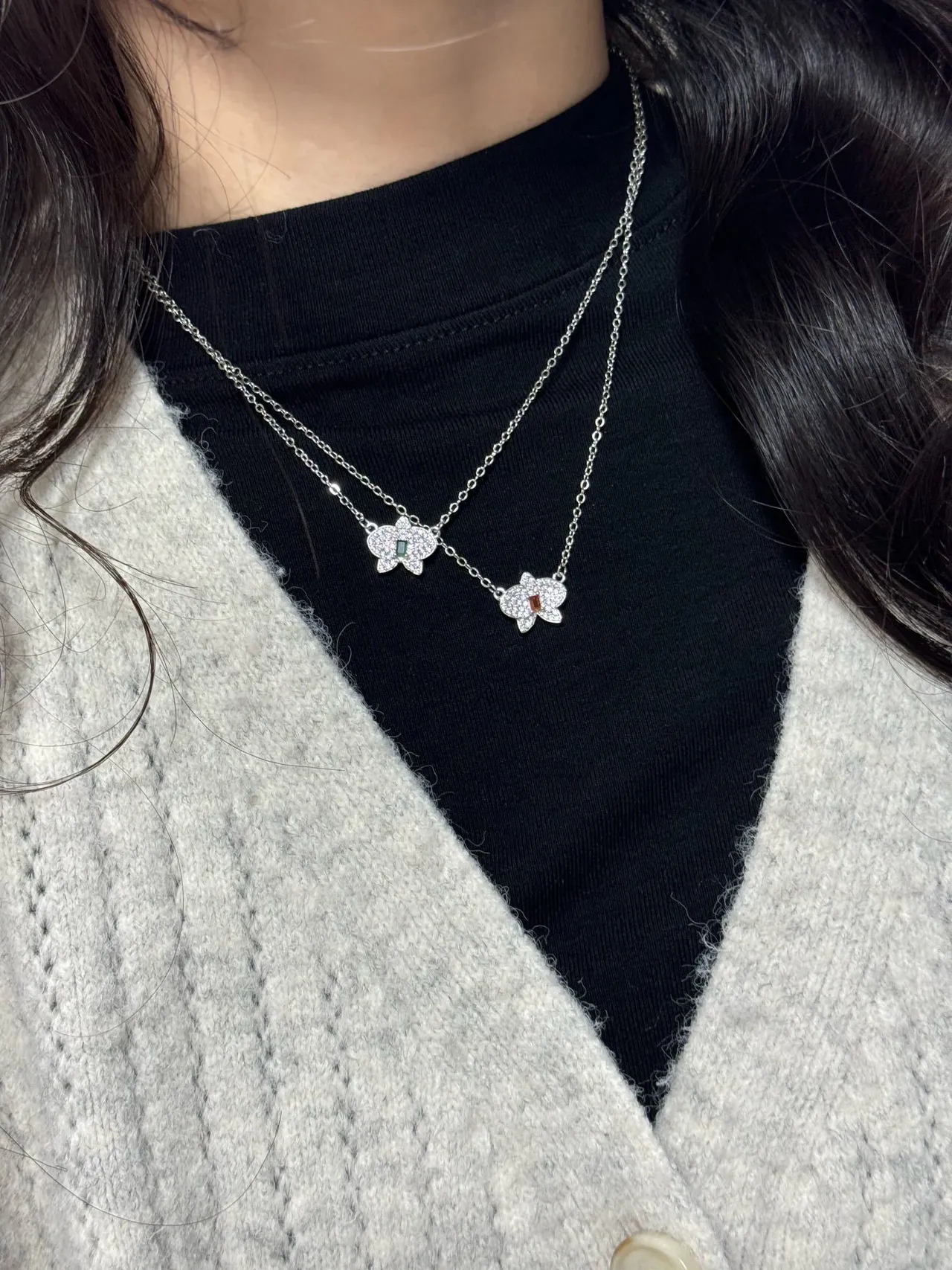 HEFANG Silver Orange Butterfly-Shaped Pendant Pavé-Set Clear Stones Necklace 3