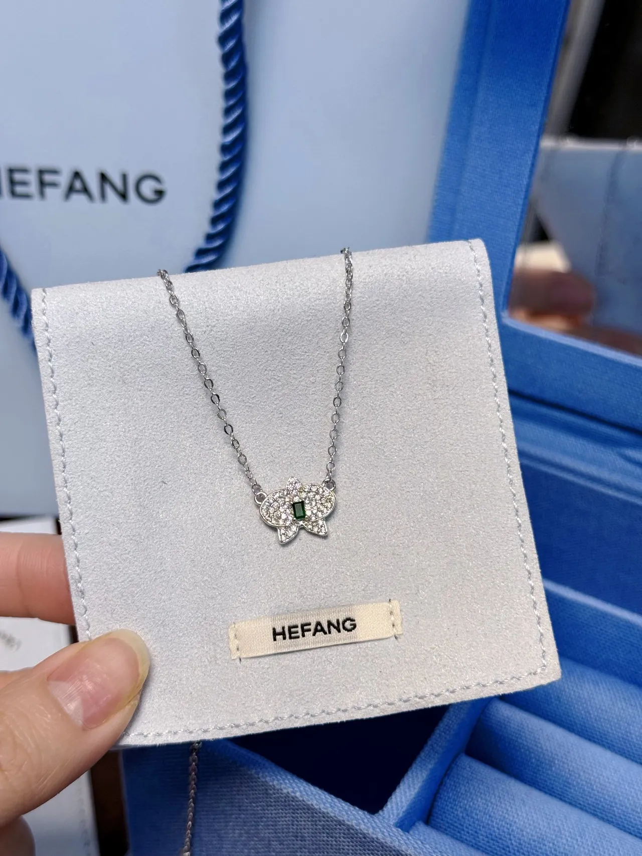 HEFANG Silver Orange Butterfly-Shaped Pendant Pavé-Set Clear Stones Necklace 9