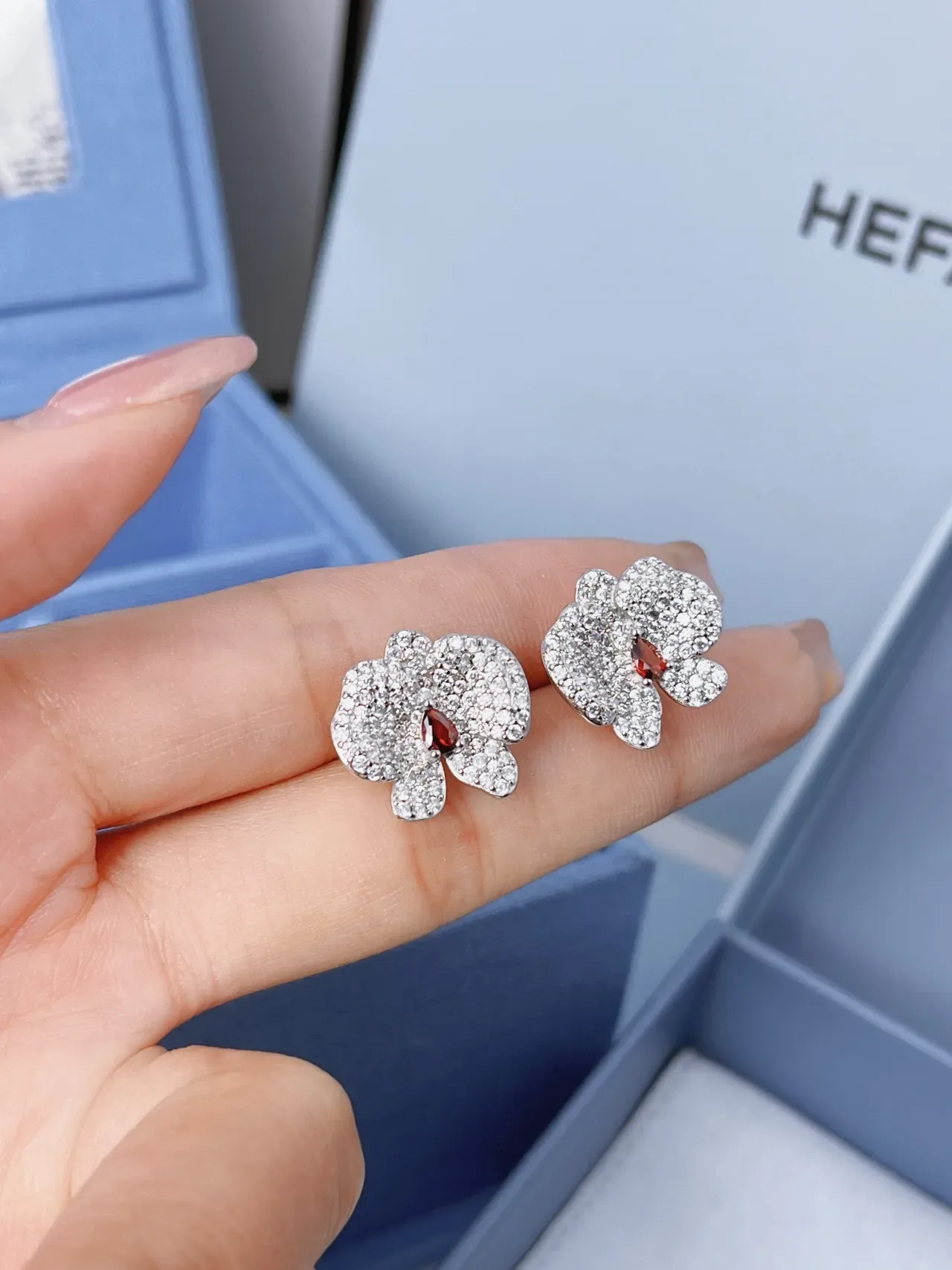 HEFANG Silver Red Floral-Shaped Pavé-Set Earrings 8