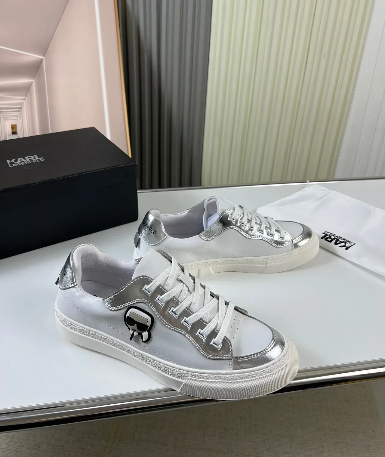 Karl Lagerfeld K/Ikonik White Silver Leather Upper Metallic Overlays Lifestyle Sneakers 8
