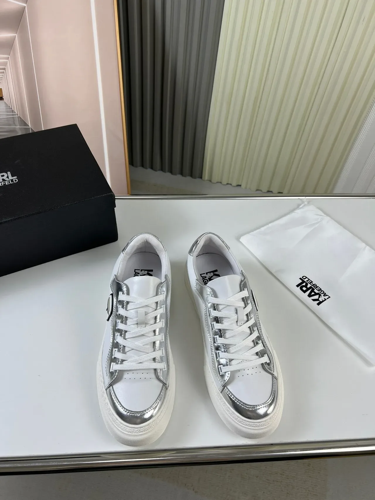 Karl Lagerfeld K/Ikonik White Silver Leather Upper Metallic Overlays Lifestyle Sneakers 9