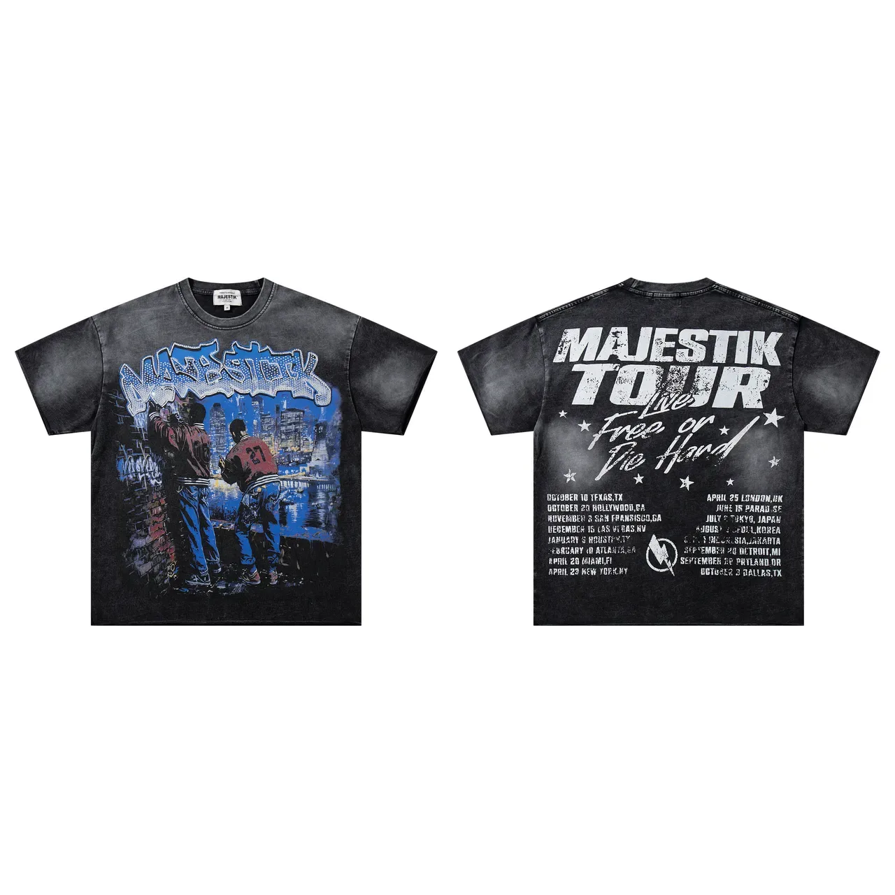 MAJESTIK Acid-Wash Black Double-Sided Graphic Tour T-Shirt 2