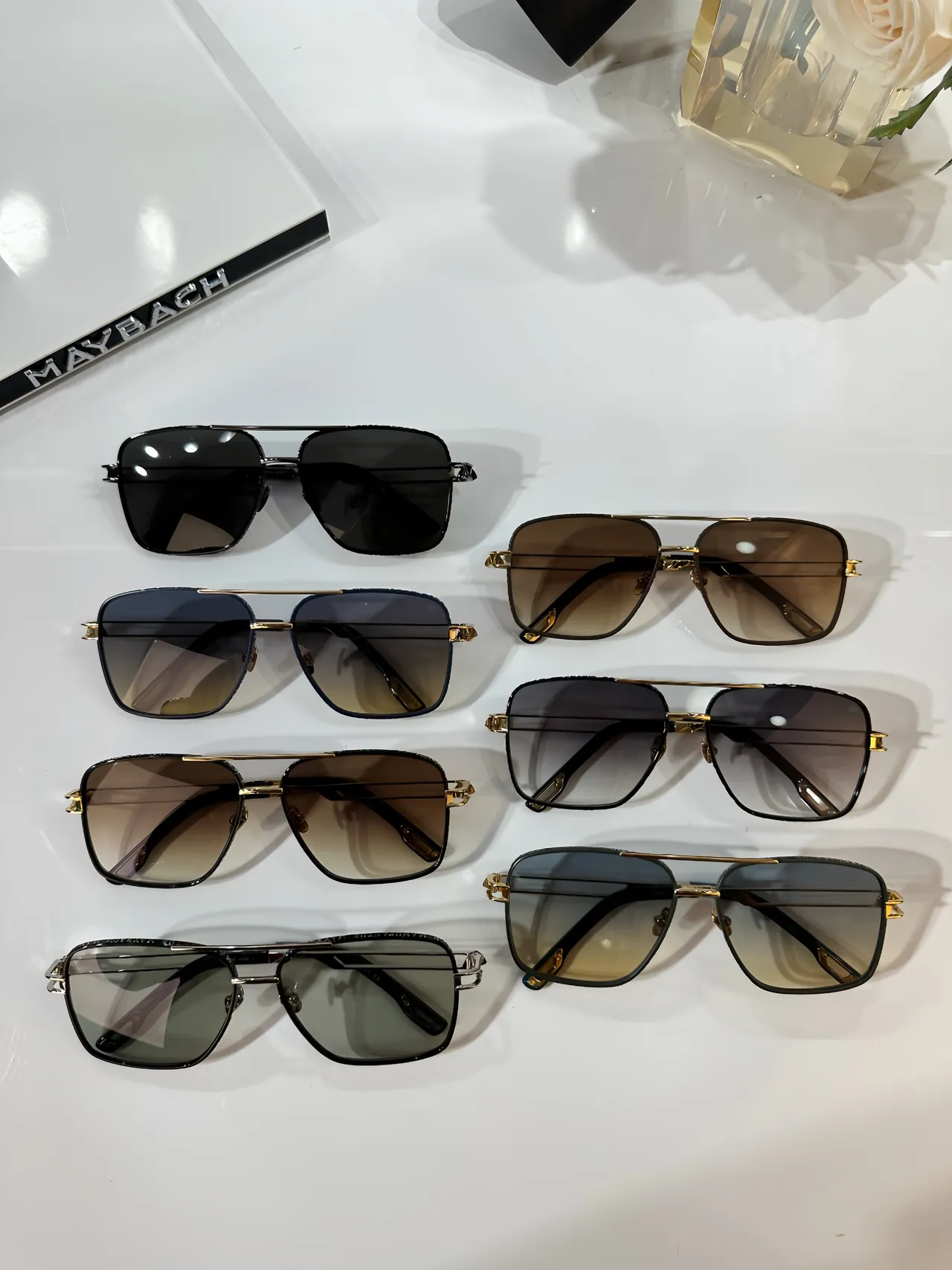 MAYBACH Óculos de Sol Preto Dourado Quadrados Aviador Dupla Ponte 3