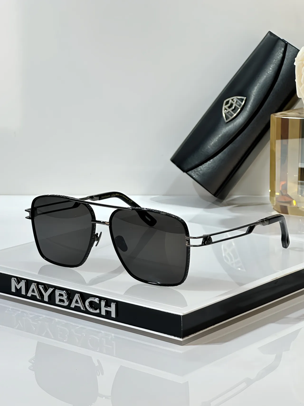 MAYBACH Óculos de Sol Preto Dourado Quadrados Aviador Dupla Ponte 4