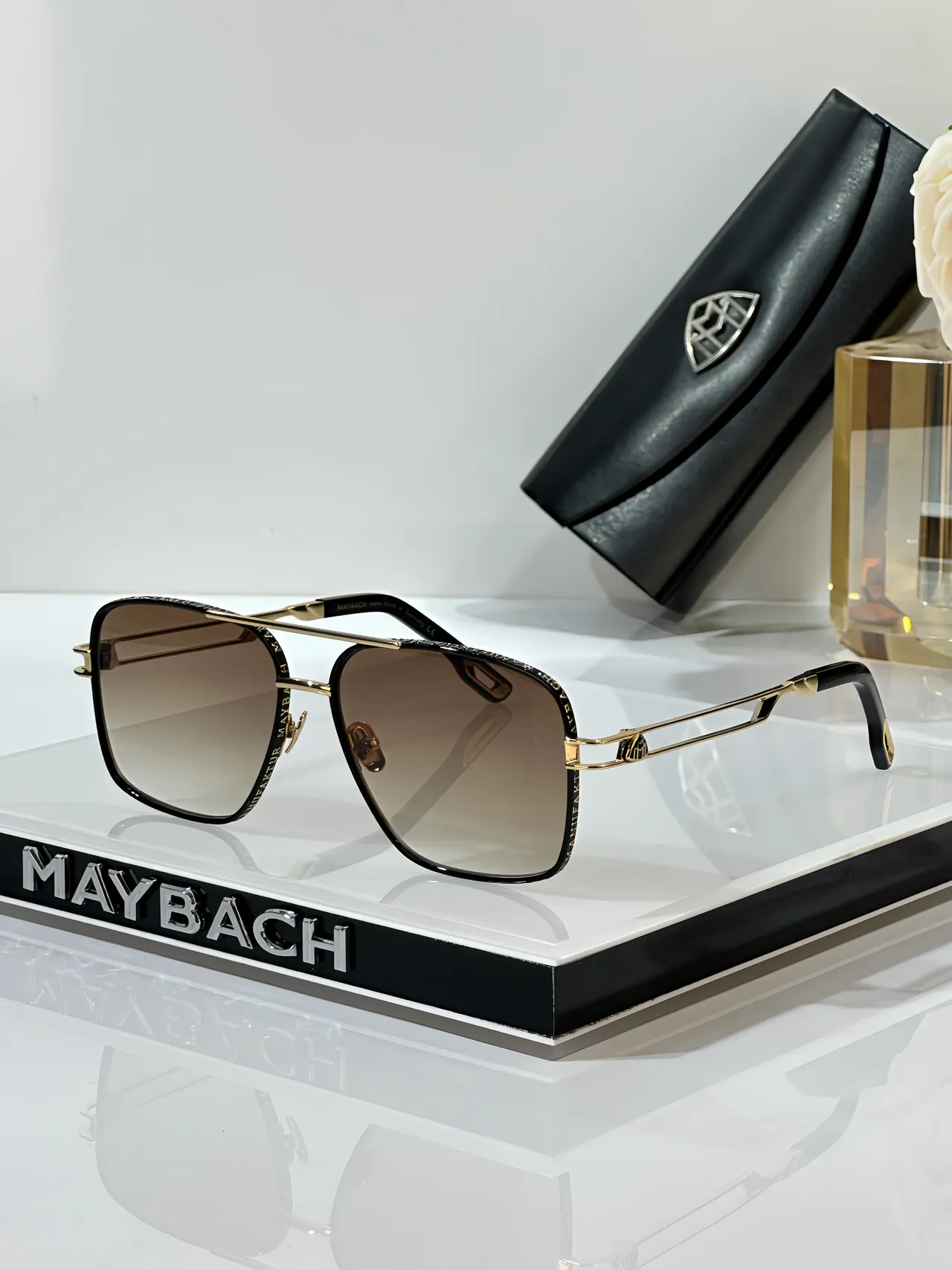 MAYBACH Óculos de Sol Preto Dourado Quadrados Aviador Dupla Ponte 7