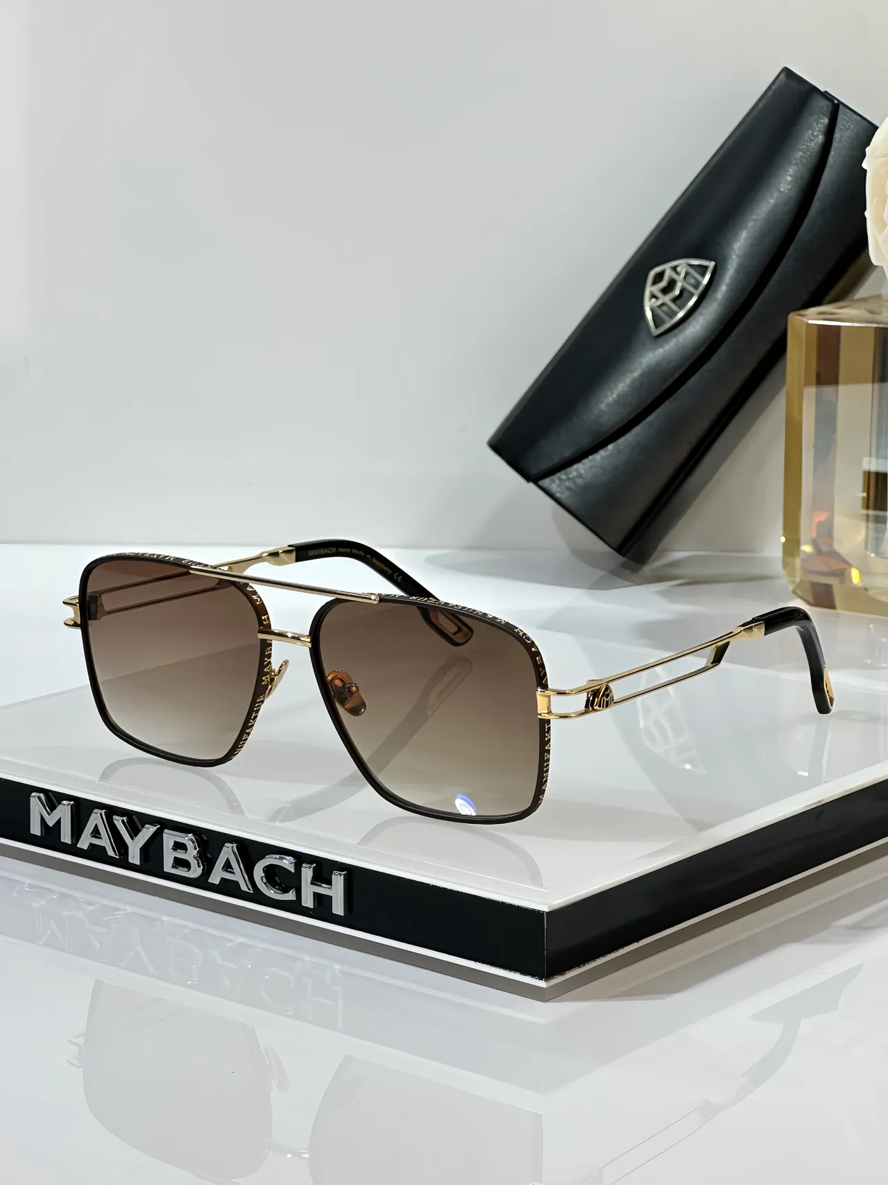 MAYBACH Óculos de Sol Preto Dourado Quadrados Aviador Dupla Ponte 8