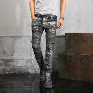 بناطيل جينز معدنية فضية distressed slim-fit بألواح