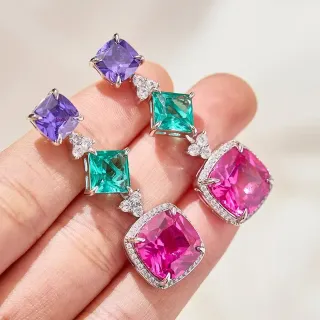 Brincos Gemas Prata Multicolor Pedra Central Corte Almofada Engastados em Prong