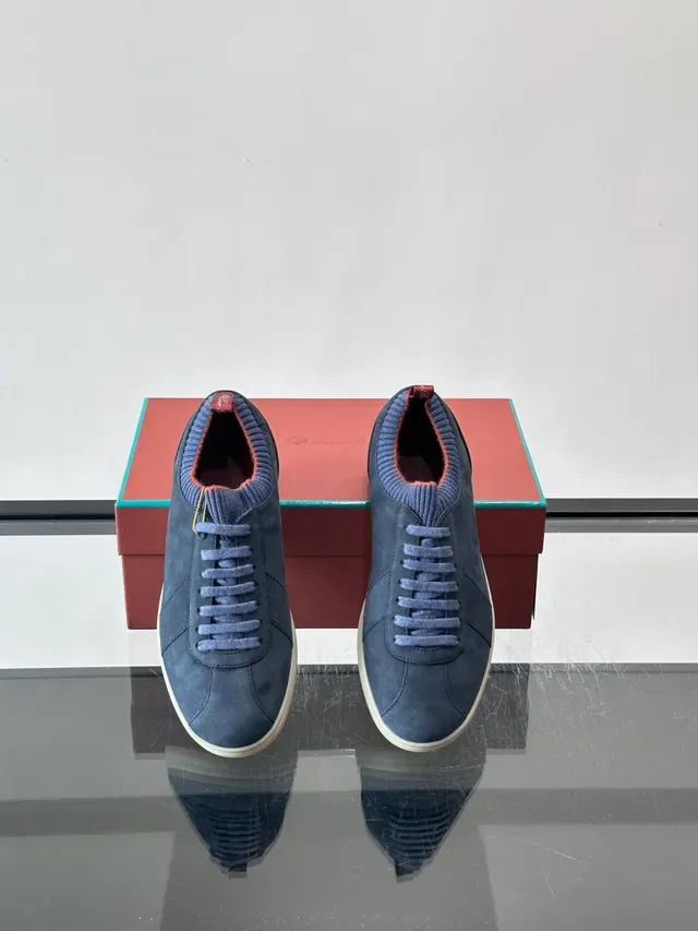 Navy Blue Suede Upper Ribbed Knit Collar Sneakers 4