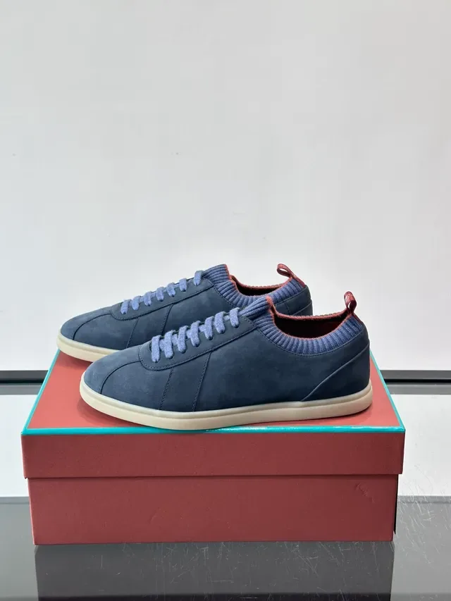 Navy Blue Suede Upper Ribbed Knit Collar Sneakers 5