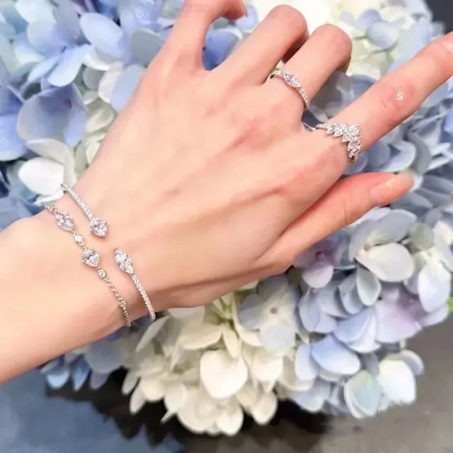 Navy Silver Open Bangle Dual Oval Stone Bracelet 4