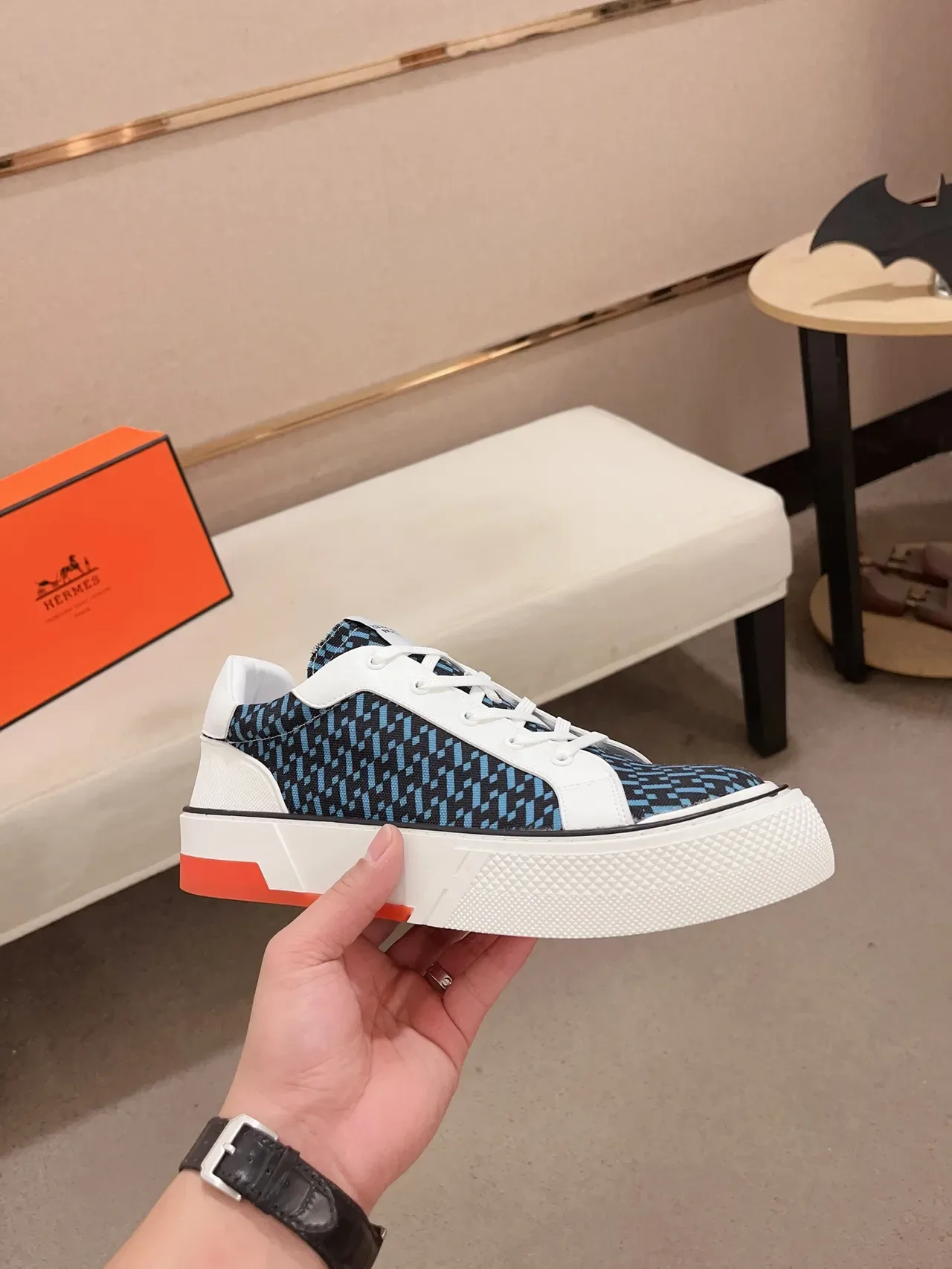 Navy White Low-Top Platform Sneaker Geometric-Print Textile Upper Sneakers 4