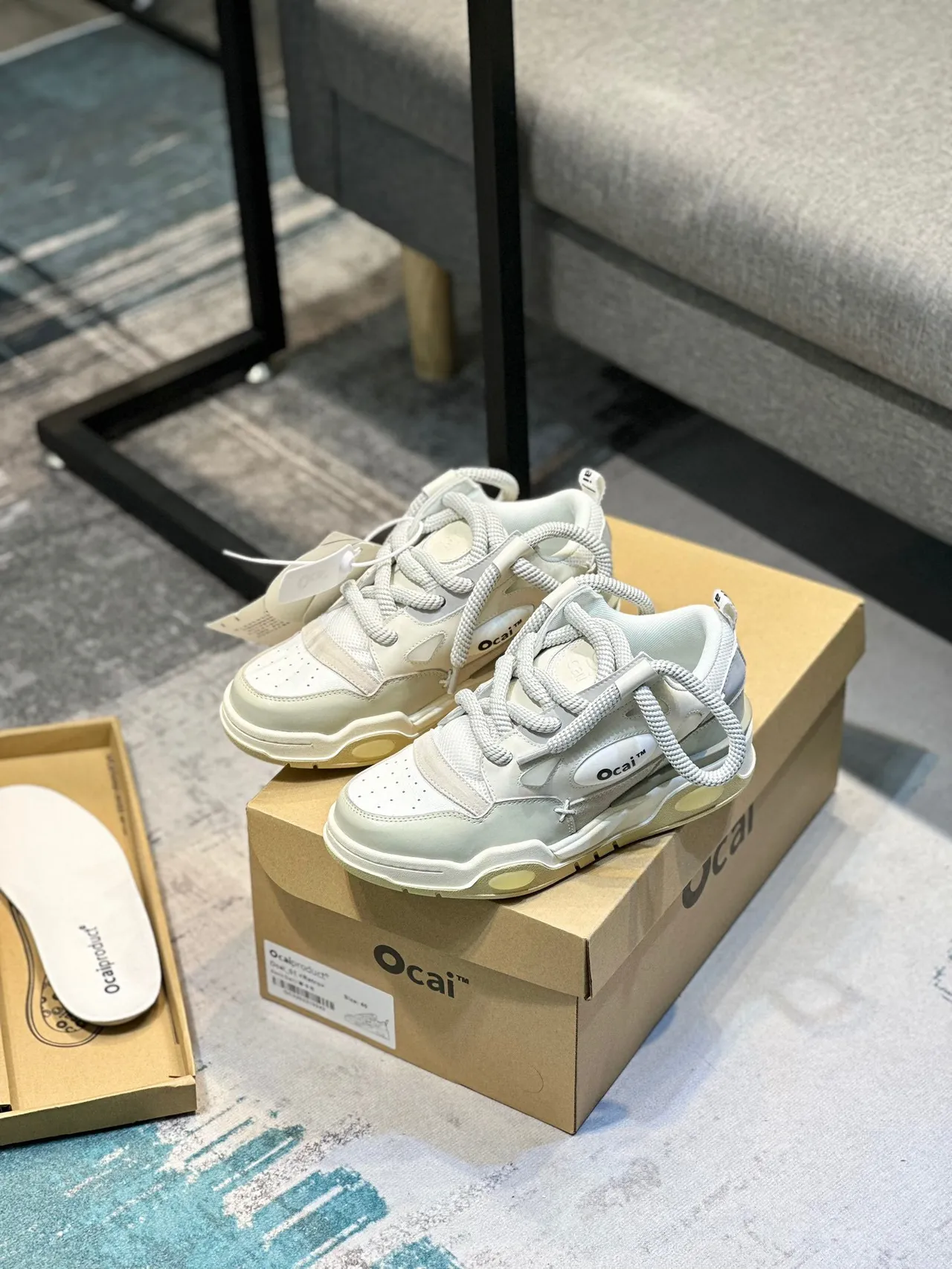 Ocai White Beige Layered Upper Rope Laces Chunky Sneakers 7
