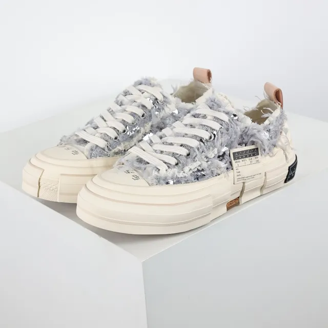 Off-White Cream and Gray Fuzzy Platform Sneakers 2