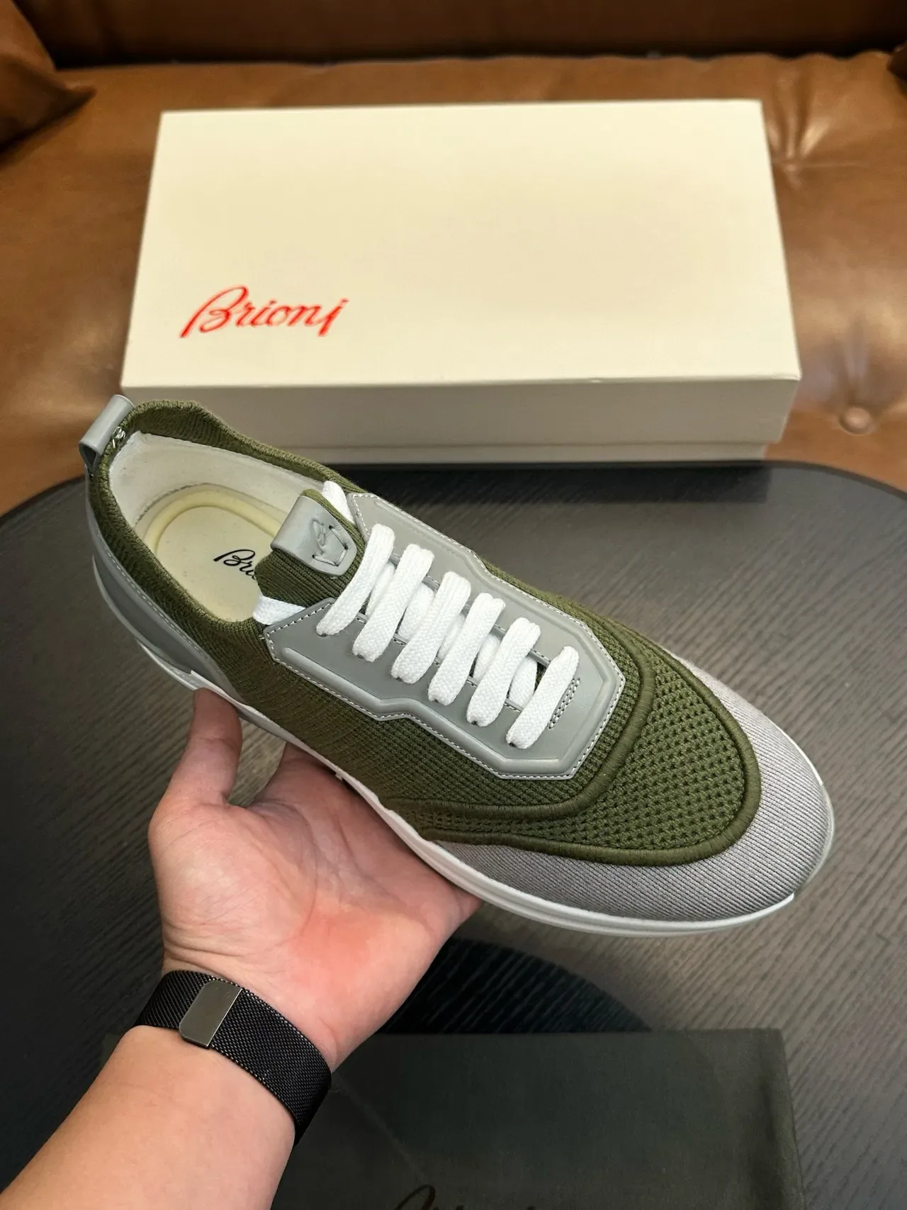Olive Green and Gray Mesh Low-Top Sneakers 3