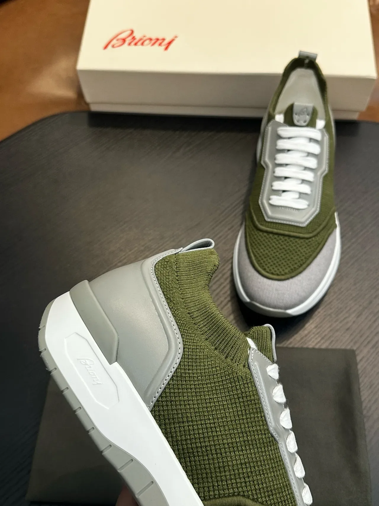 Olive Green and Gray Mesh Low-Top Sneakers 7